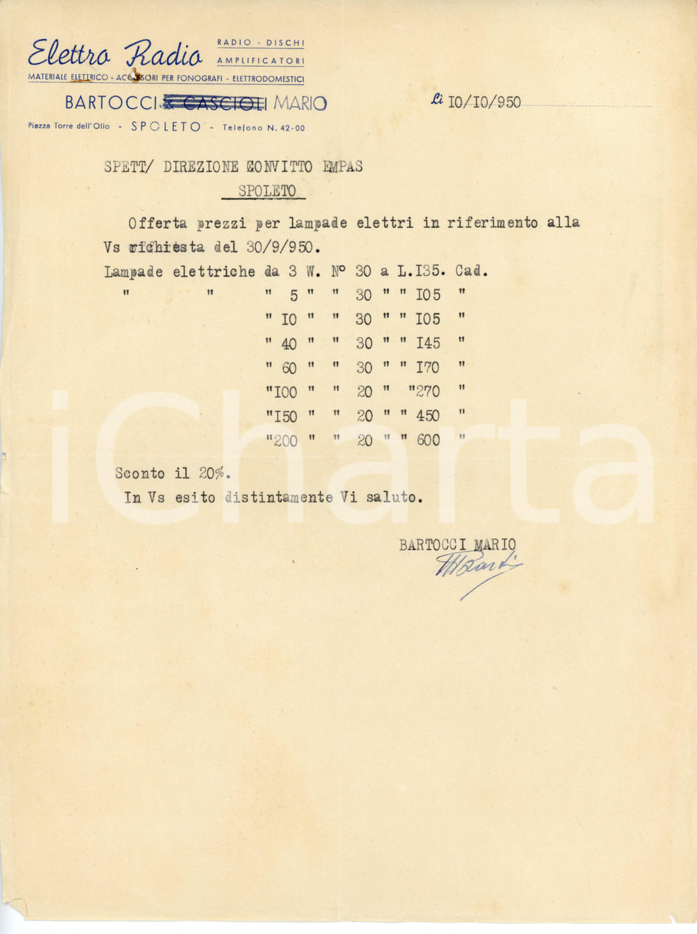 Documento originale, autentico 1950 SPOLETO Elettro Radio di Mario BARTOCCI Preventivo lampade elettriche 1
