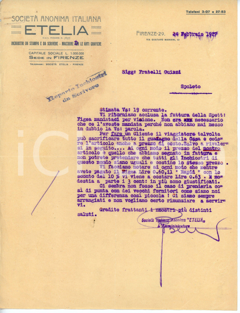 Documento originale, autentico 1926 FIRENZE Società anonima italiana ETELIA Inchiostri  Lettera commerciale 1