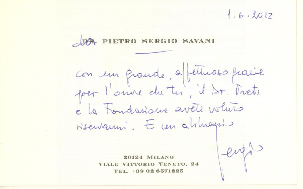 Autografo originale 2012 MILANO Biglietto Pietro Sergio SAVANI per ringraziamento Autografo 1