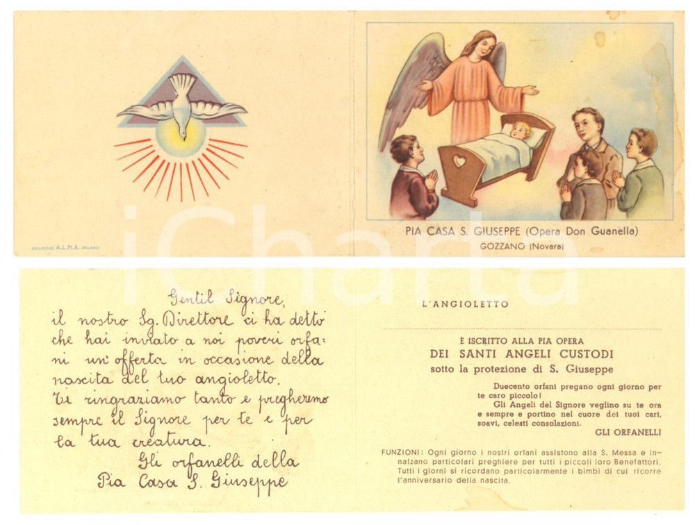Oggetto da collezione cartaceo 1950 ca GOZZANO NO Pia Casa S. Giuseppe  Opera Don GUANELLA Biglietto 1
