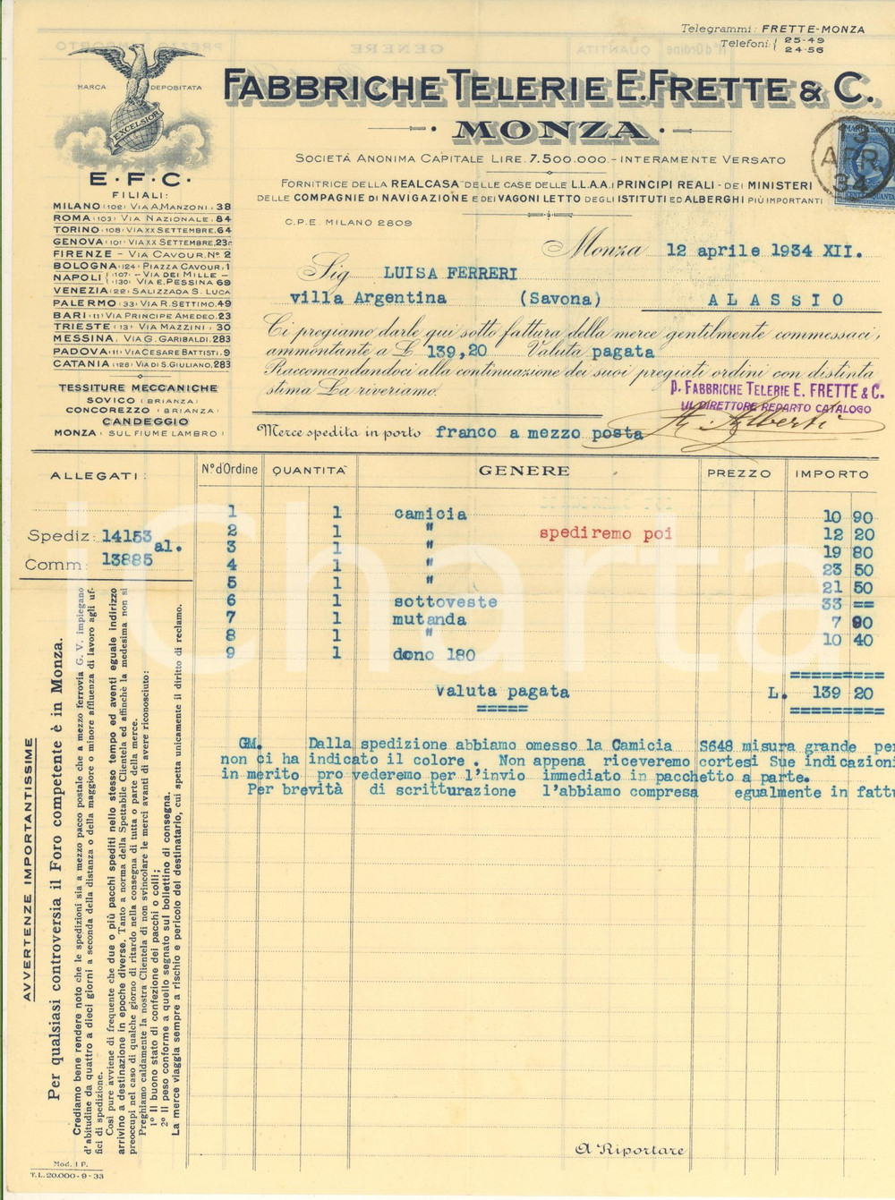 Documento originale, autentico 1934 MONZA Fabbriche telerie E. FRETTE & C.  Fattura intestata vestiti 1