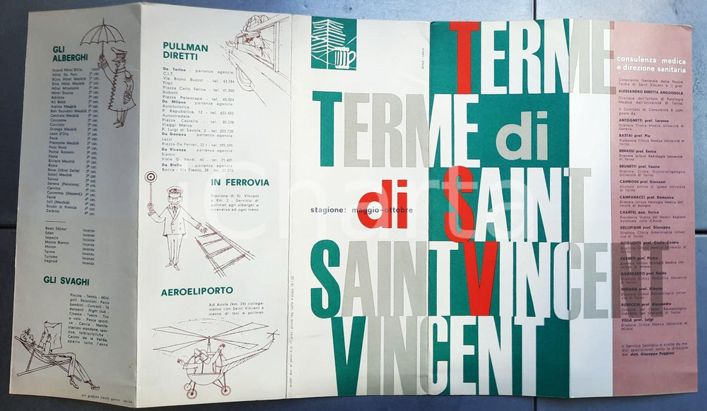 Materiale pubblicitario d’epoca 1963 SAINT VINCENT AOSTA Le terme  Pieghevole ILLUSTRATO VINTAGE 1