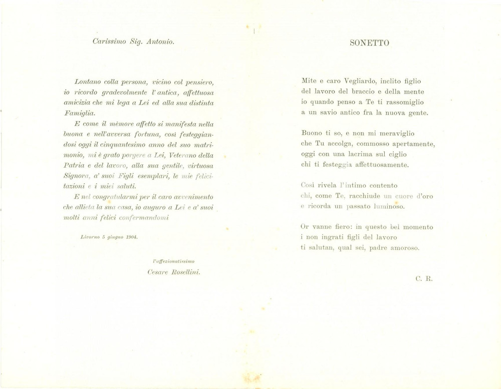Documento originale, autentico 1904 LIVORNO Cantiere ORLANDO Nozze d oro patriota Antonio TOSI Poesia 1