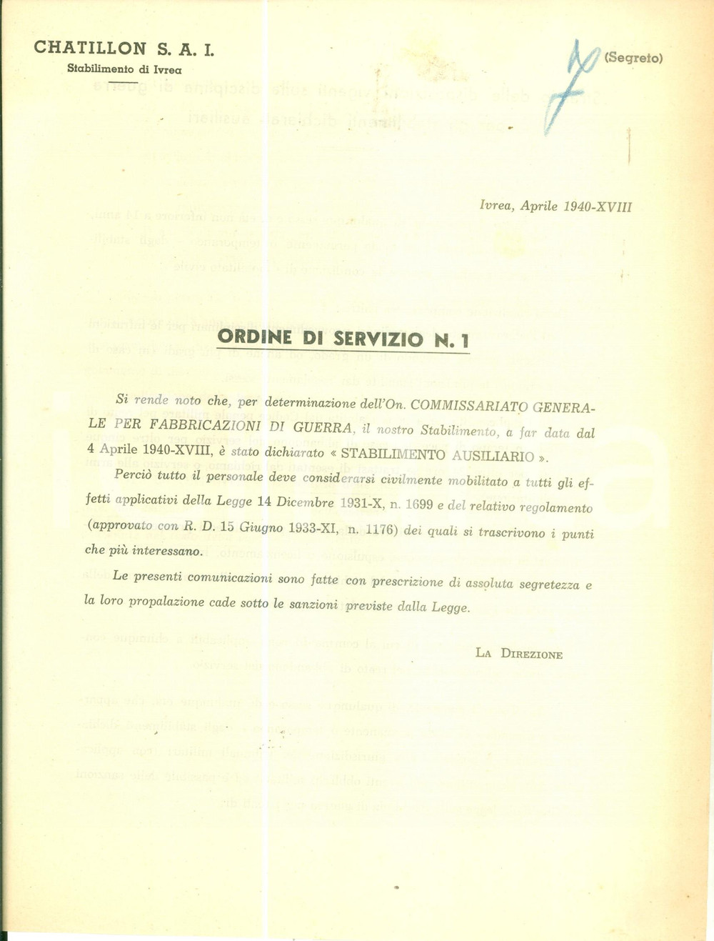 Documento originale, autentico 1940 IVREA Società CHATILLON dichiarata stabilimento ausiliario Documento 1