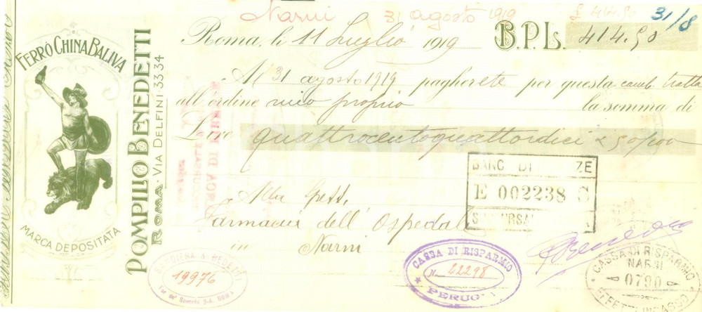Documento originale, autentico 1919 ROMA Ditta Pompilio BENEDETTI Ferro China BALIVA Cambiale pubblicitaria 1