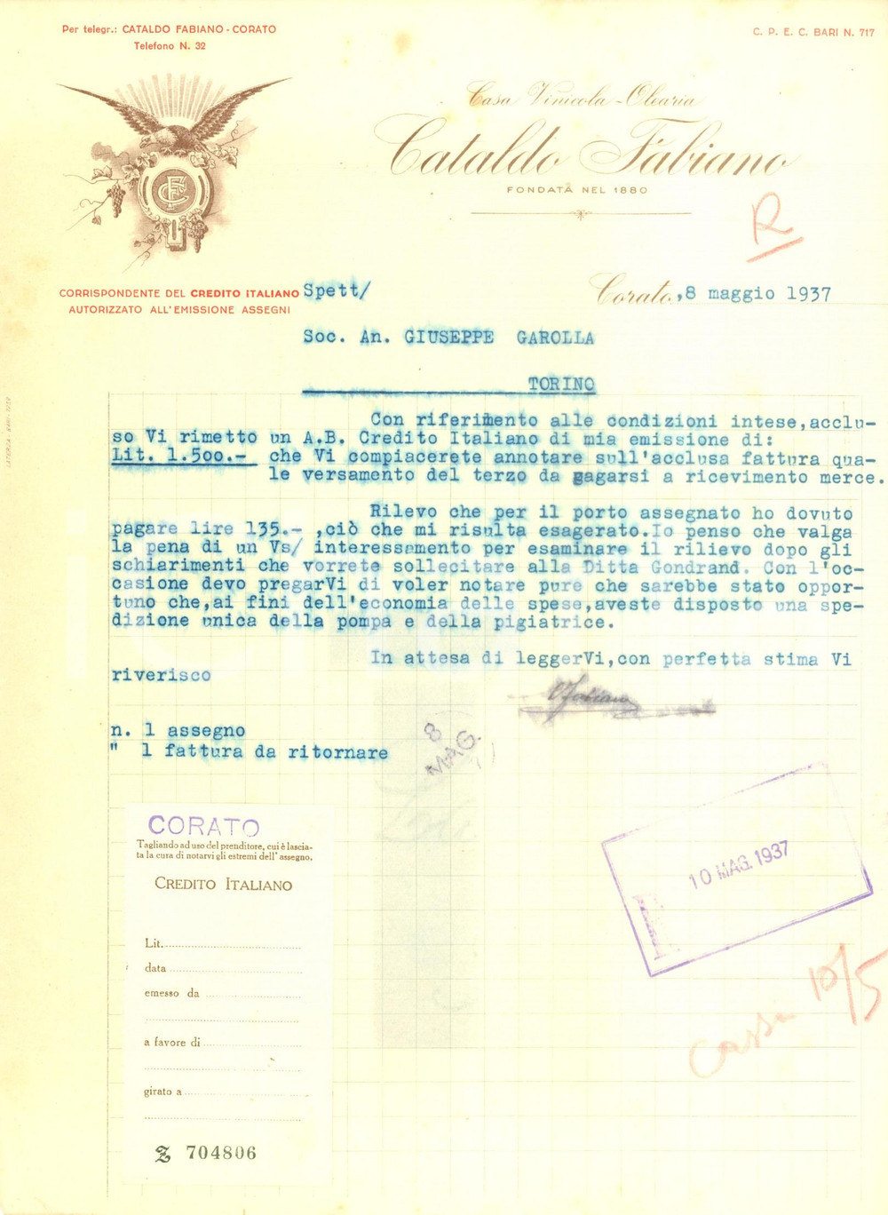 Documento originale, autentico 1937 CORATO BA Casa Vinicola Olearia cataldo FABIANO Lettera commerciale 1