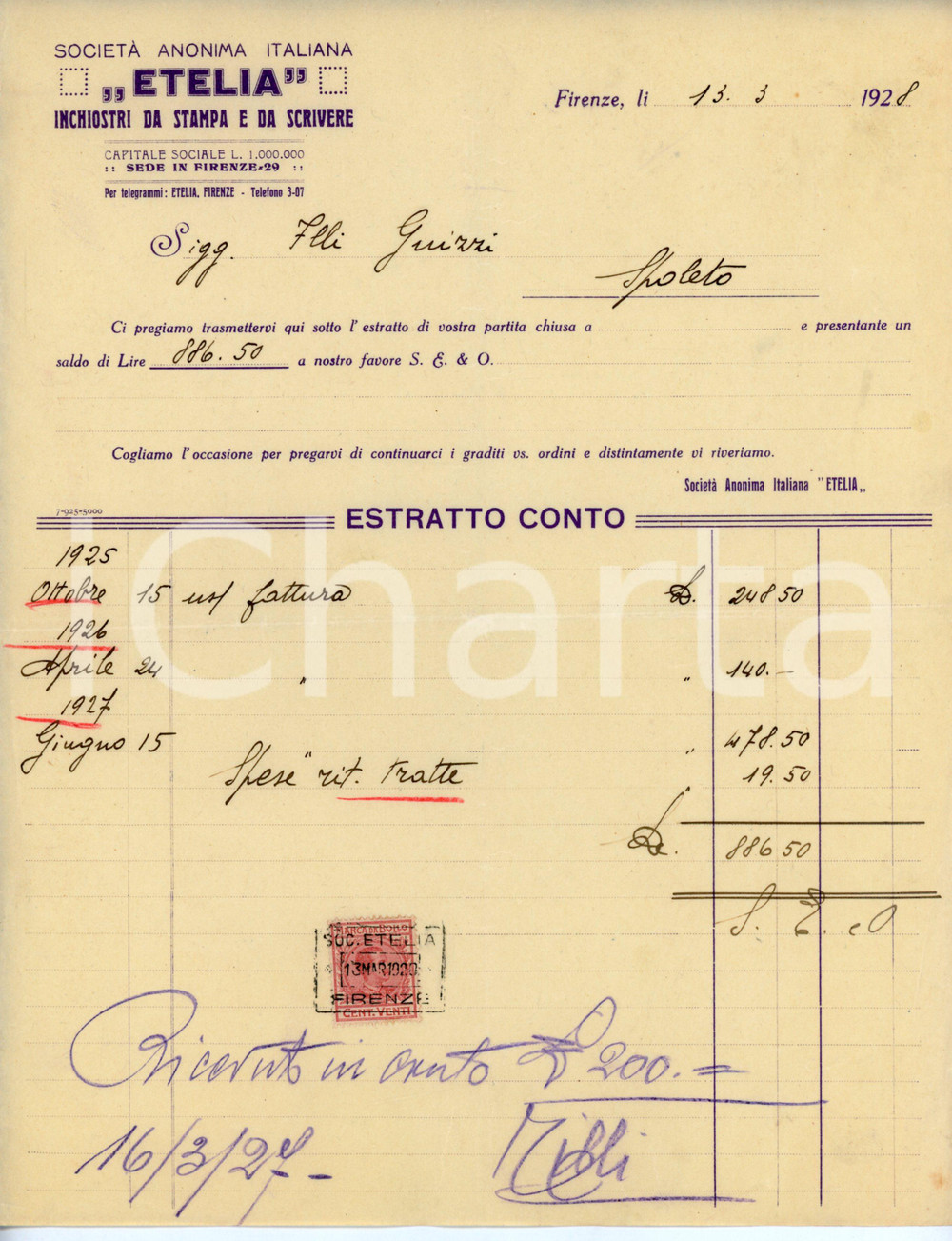 Documento originale, autentico 1928 FIRENZE Società anonima italiana ETELIA Inchiostri  Estratto conto 1