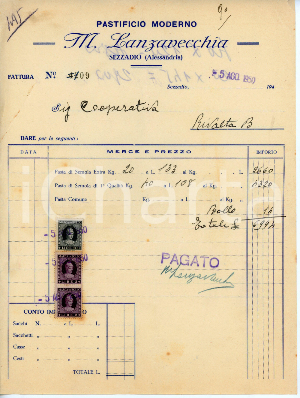 Documento originale, autentico 1950 SEZZADIO Pastificio Moderno M. LANZAVECCHIA Fattura per pasta di semola 1