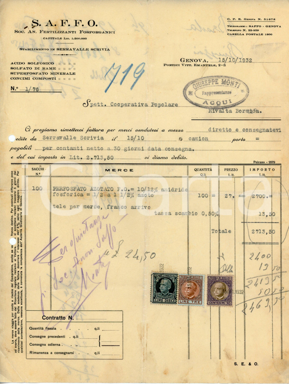 1936 GENOVA - S.A.F.F.O. Soc. An. Fertilizzanti Fosforganici - Fattura (1) Documento d'epoca. CONDIZIONI:FAIR/discreto Piegature centrali d'epoca, gualciture, piegature agli angoli, fori da classificatore al margine sinistro, appunti al versoFORMATO: 22x28 cm originale e autentica 1
