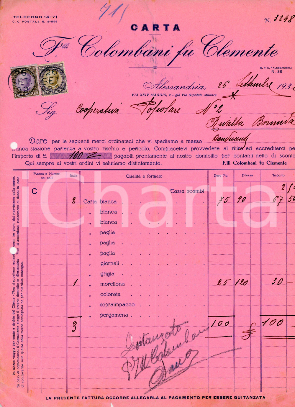 Documento originale, autentico 1930 ALESSANDRIA Fratelli COLOMBANI fu Clemente  Carta Fattura 23x29 cm 1 1