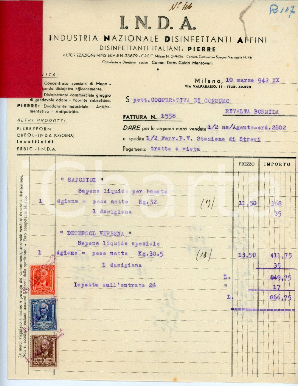1942 MILANO industria Nazionale Disinfettanti Affini I.N.D.A. Fattura per sapone Fattura d'epoca.  CONDIZIONI:POOR/danneggiato Piegature centrali d'epoca, gualciture, macchia al versoFORMATO: 21x27 cm originale e autentica 1