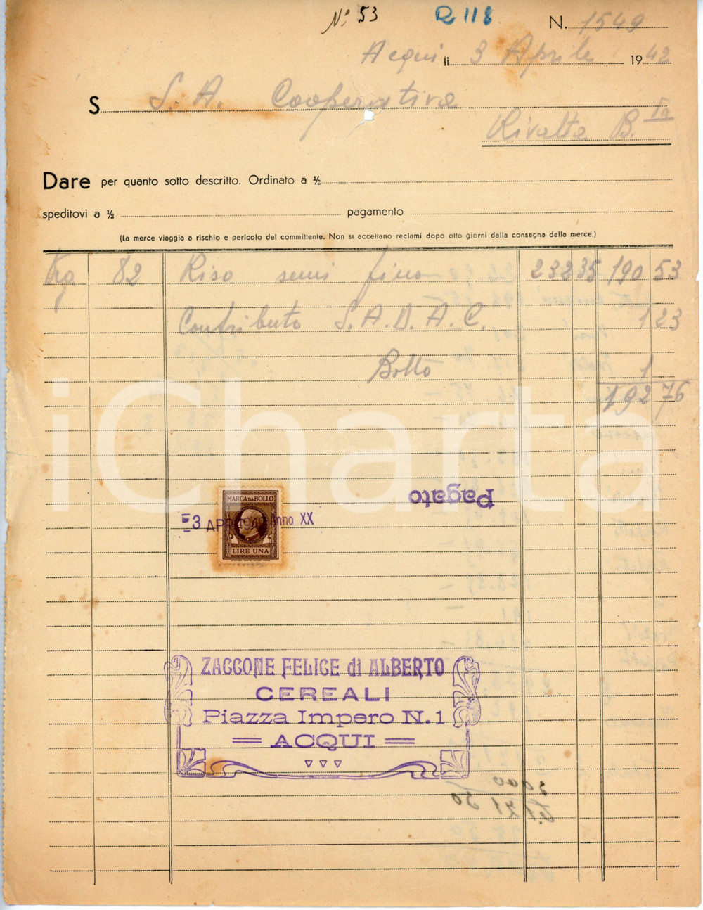 Documento originale, autentico 1942 ACQUI TERME Cereali Felice ZACCONE Fattura per riso 21x28 cm 1