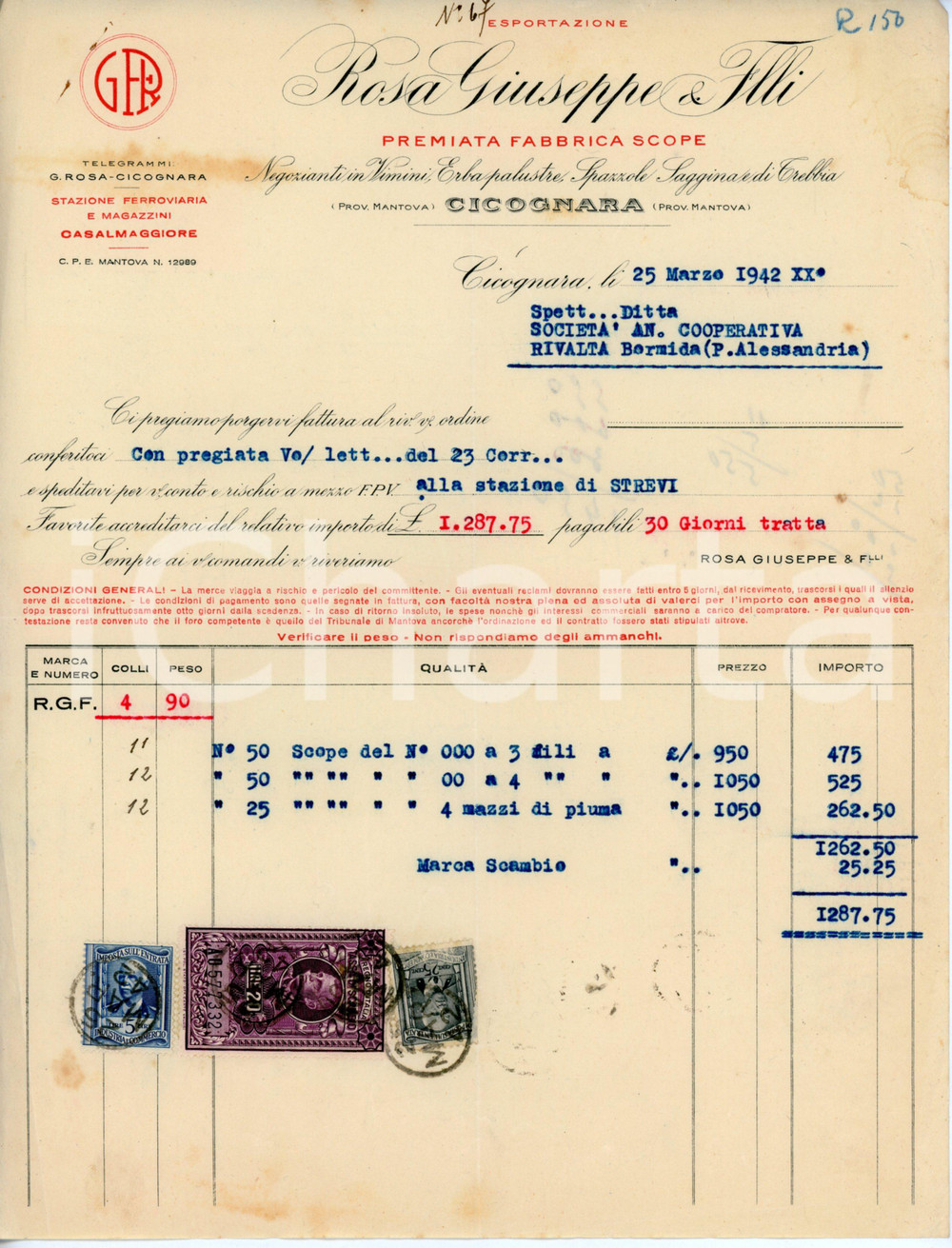 Documento originale, autentico 1942 CICOGNARA Fabbrica di scope Giuseppe ROSA Fattura 21x28 cm 1