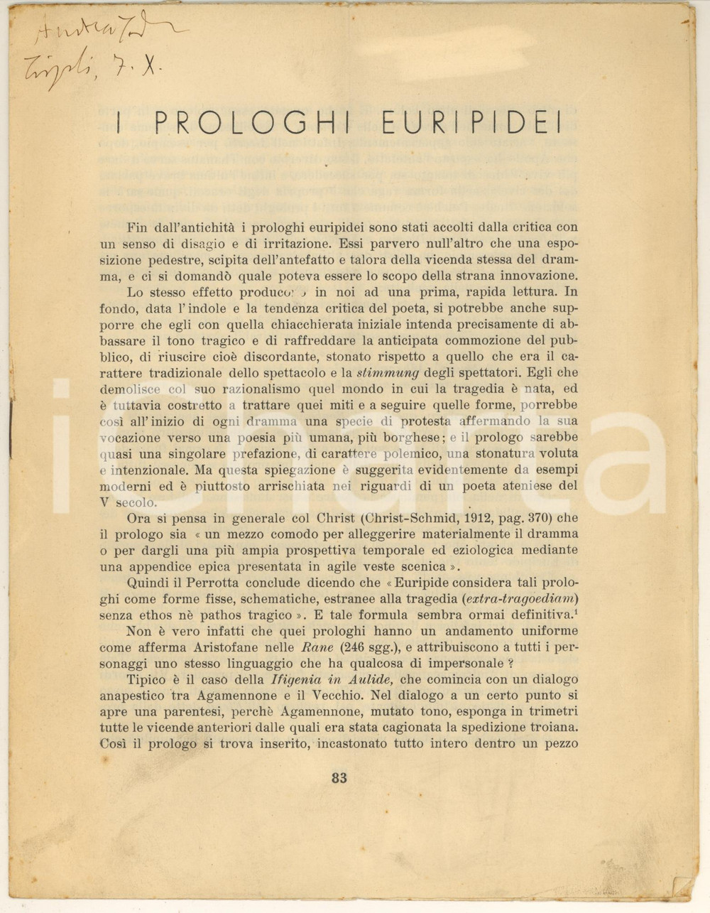Libro, pubblicazione d epoca 1937 Andrea TODESCO I prologhi euripidei Invio AUTOGRAFO 8 pp. 1