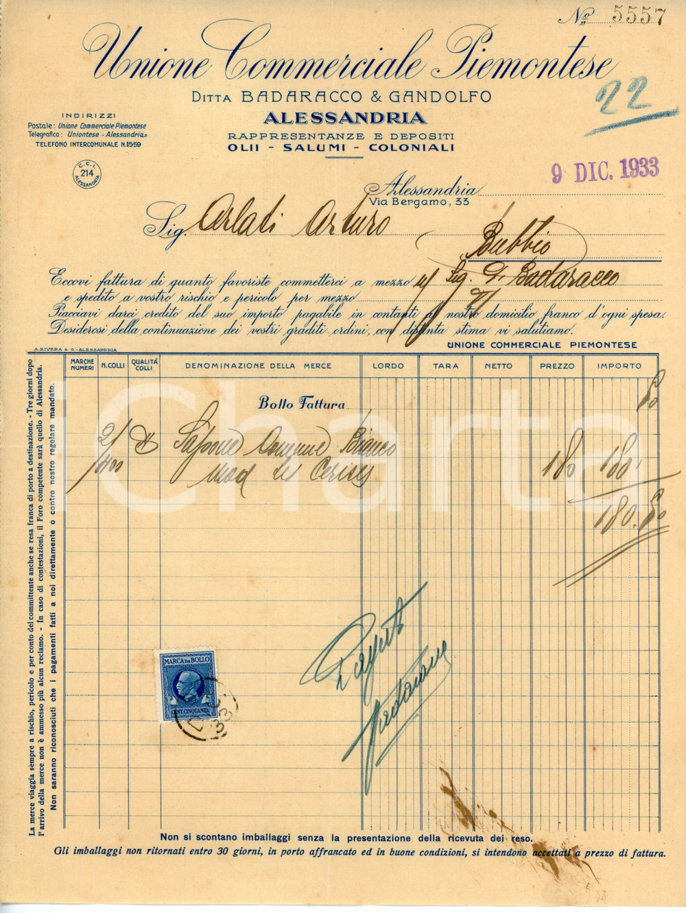 Documento originale, autentico 1933 ALESSANDRIA Unione Commerciale Piemontese BADARACCO & GANDOLFO Fattura 1