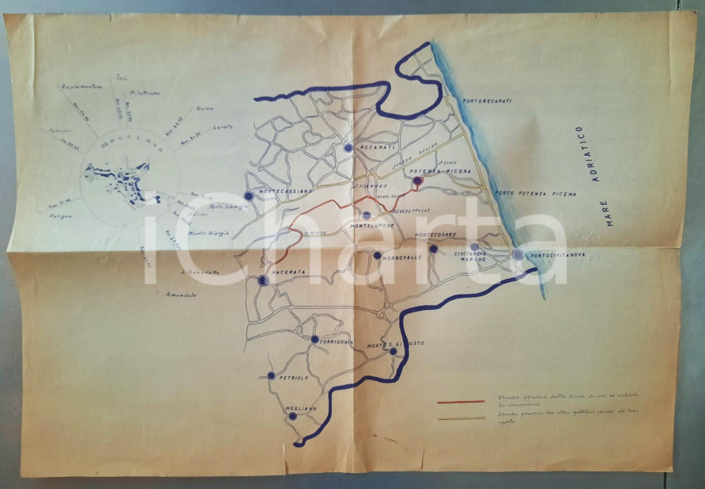Mappa, planimetria storica 1950 ca TRASPORTI MARCHE Area MACERATA  Mappa strade mezzi pubblici 50x55 cm 1