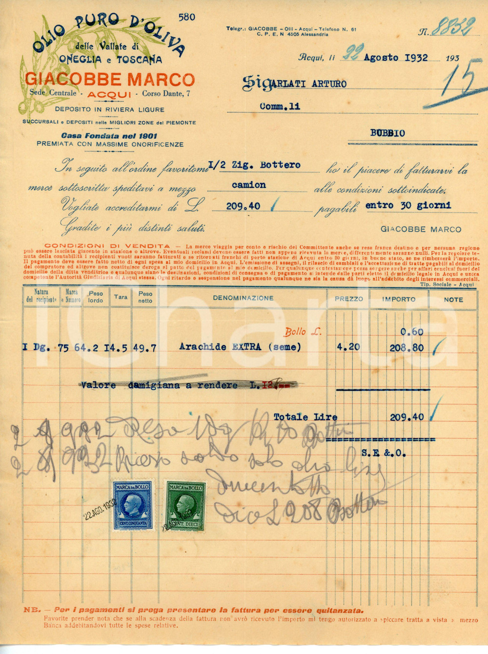 Documento originale, autentico 1932 ACQUI TERME Marco GIACOBBE Olio d oliva ONEGLIA e TOSCANA Fattura 1