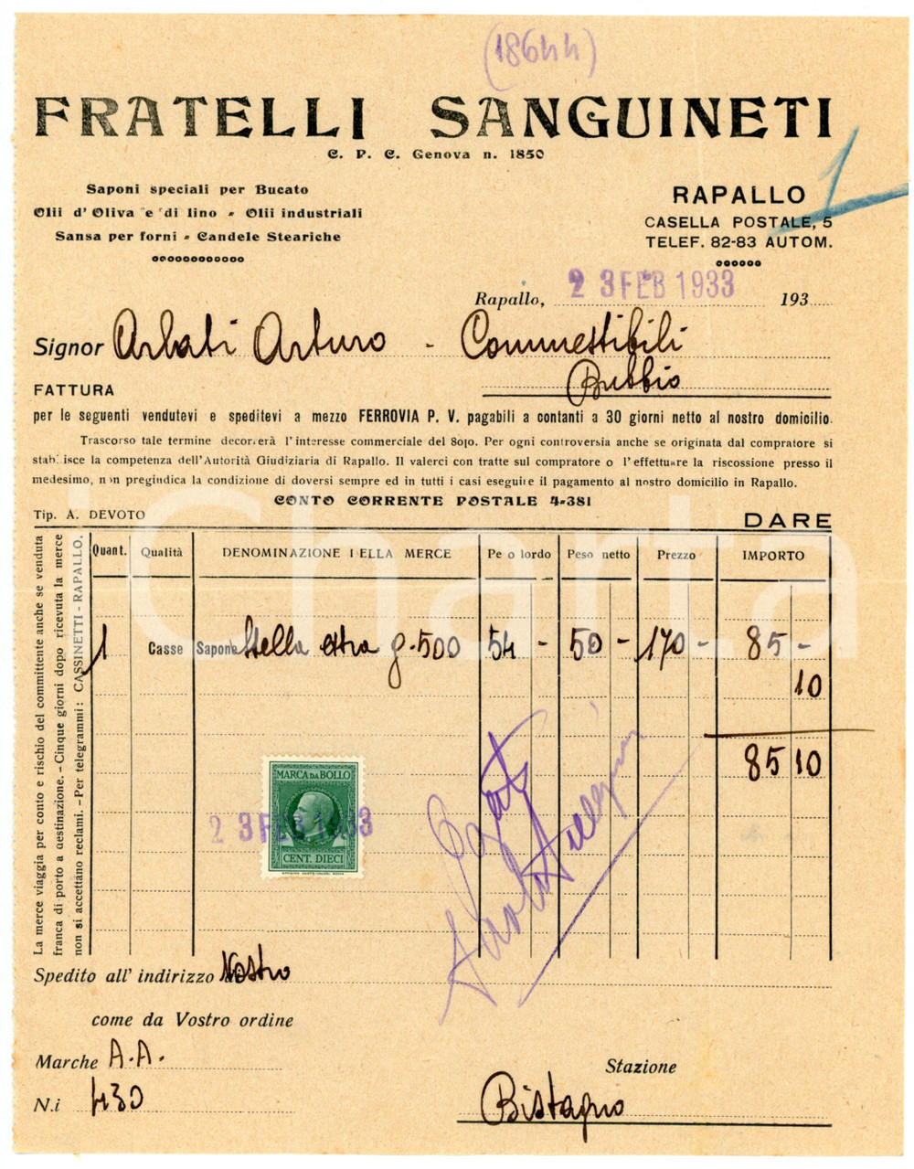 Documento originale, autentico 1933 RAPALLO Fratelli SANGUINETI Olio d oliva e saponi  Fattura 17x22 cm 1