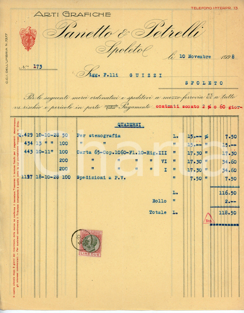 Documento originale, autentico 1928 SPOLETO Arti grafiche PANETTO E PETRELLI Fattura quaderni per stenografia 1