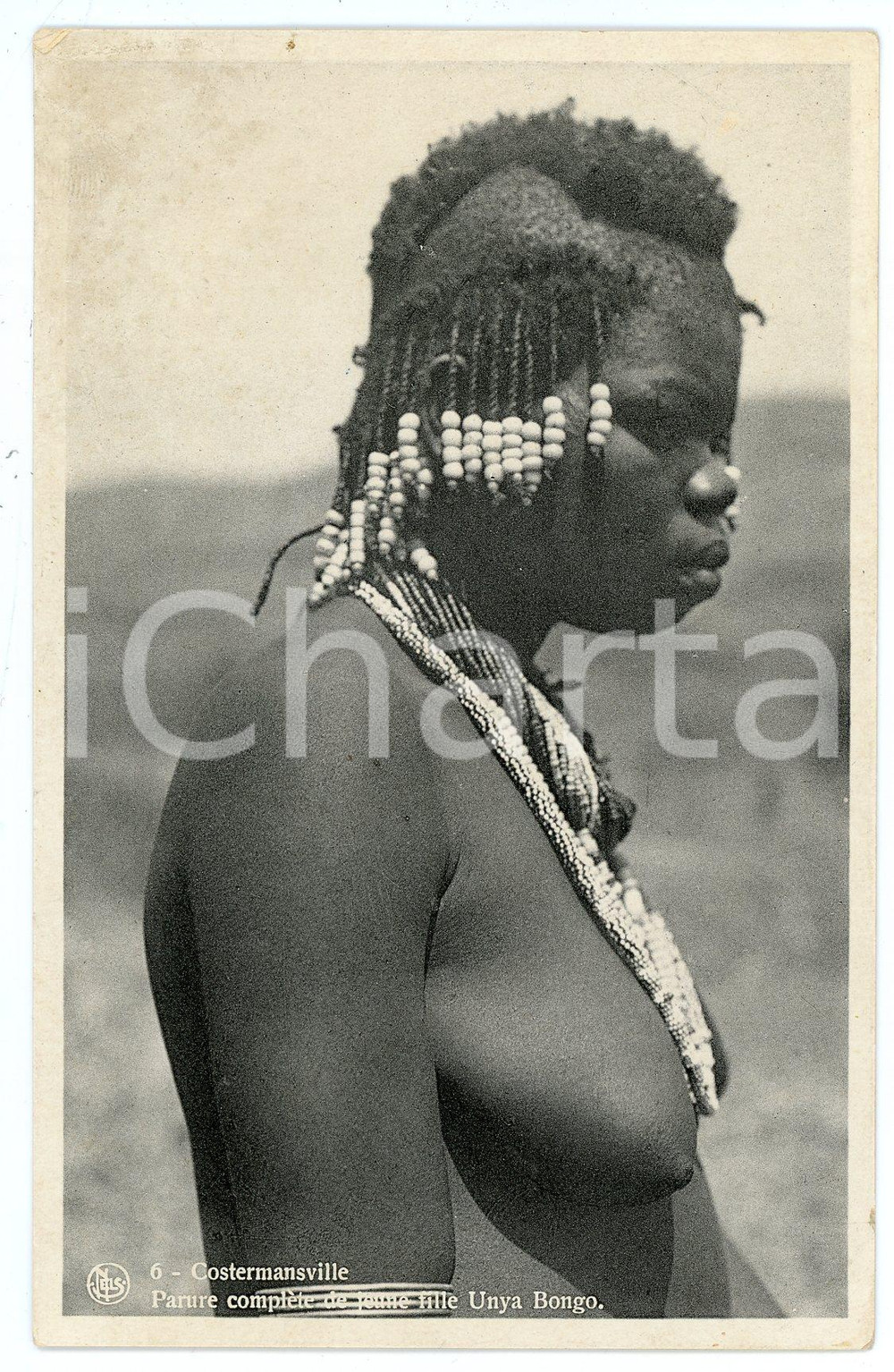 1930 ca CONGO COSTERMANSVILLE Parure jeune fille UNYA BONGO Postcard ETHNIC NUDE  Cartolina postale d'epoca, non viaggiata. CONDIZIONI:FAIR/discreto minime smussature angolari; lievi macchieFORMATO: 9x14 cm originale e autentica 1