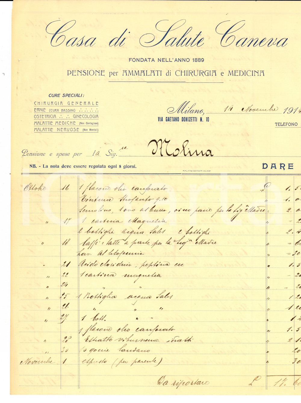 Documento originale, autentico 1913 MILANO Casa di Cura CANEVA Conto manoscritto per ammalato 1