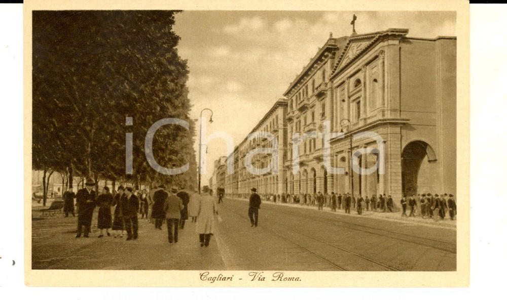 Cartolina originale da collezione 1930 ca CAGLIARI Veduta di via ROMA Cartolina postale ANIMATA FP NV 1