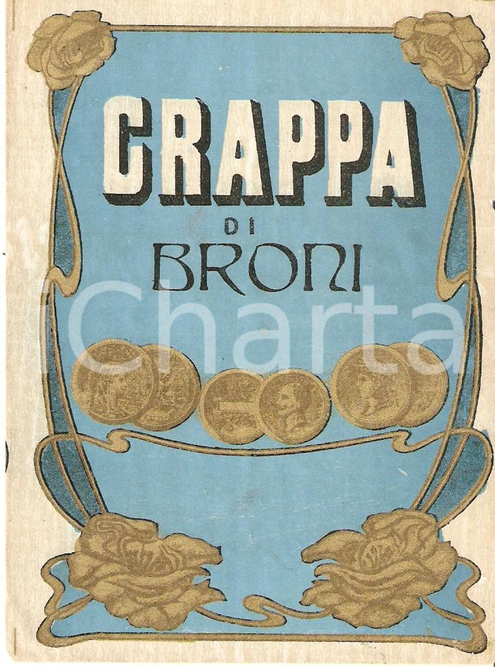 Materiale pubblicitario d’epoca 1920 ca Liquore GRAPPA DI BRONI Etichetta pubblicitaria VINTAGE 10x13 cm 3 1