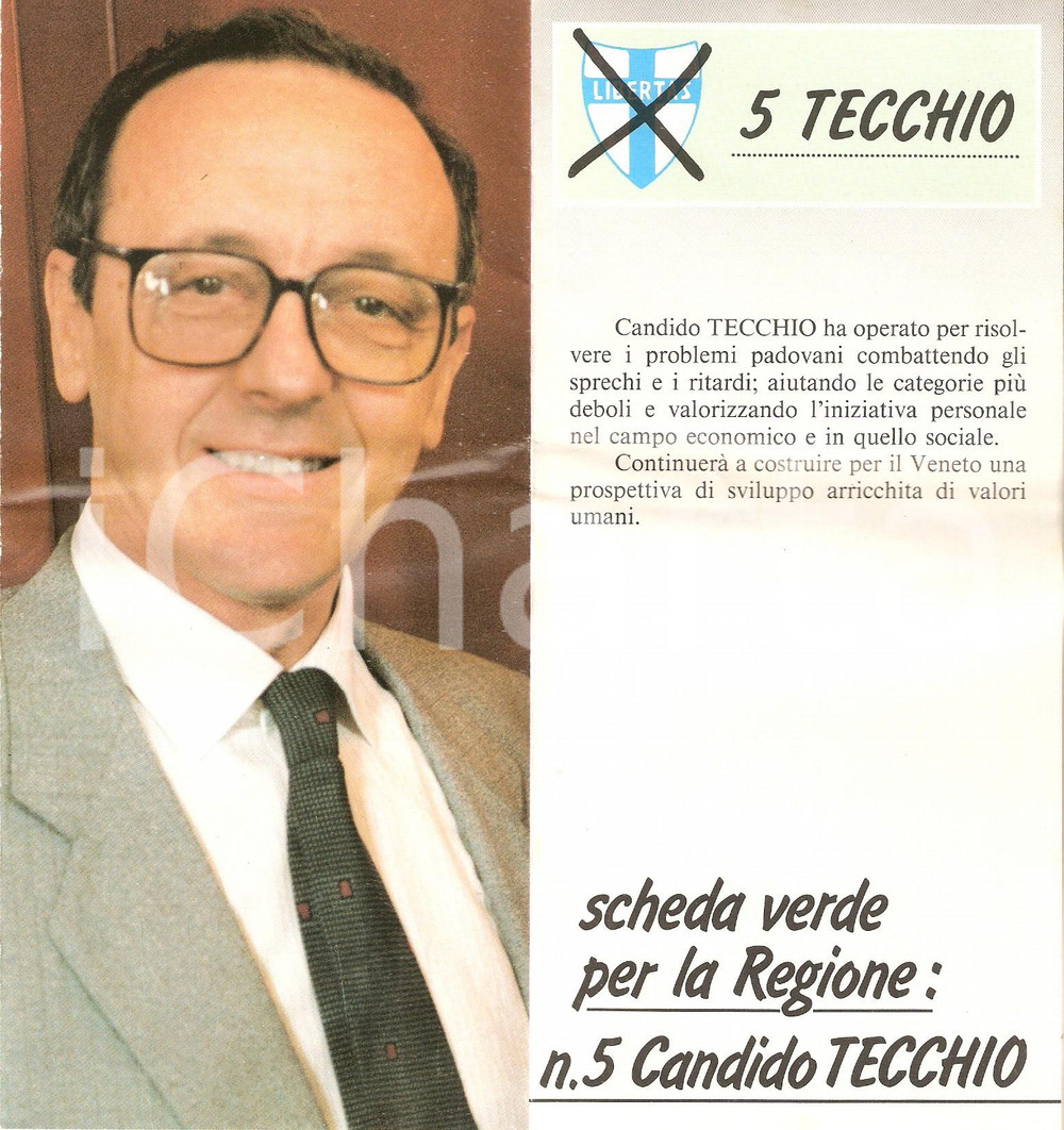 Materiale pubblicitario d’epoca 1985 DEMOCRAZIA CRISTIANA  Candido TECCHIO Candidato elezioni regionali VENETO 1