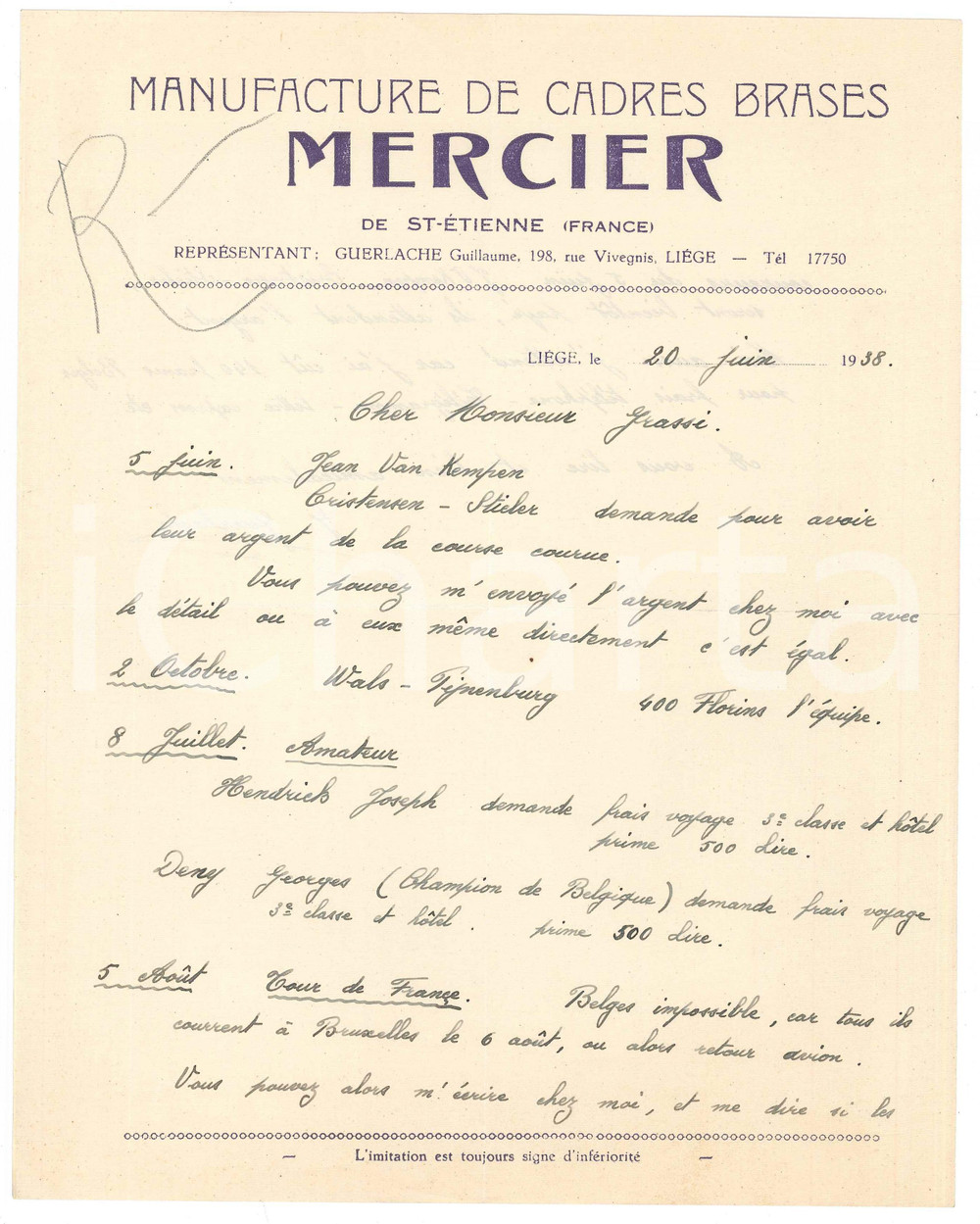 Autografo originale 1938 LIEGI CICLISMO Lettera Guillaume GUERLACHE su ingaggio ciclisti  AUTOGRAFO 1