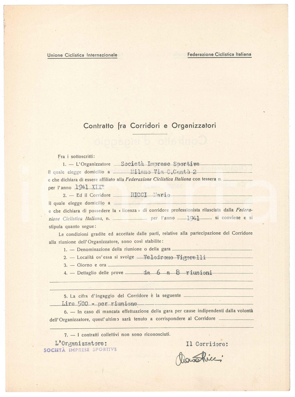 Autografo originale 1941 CICLISMO MILANO VIGORELLI  Contratto di ingaggio Mario RICCI Autografo 1