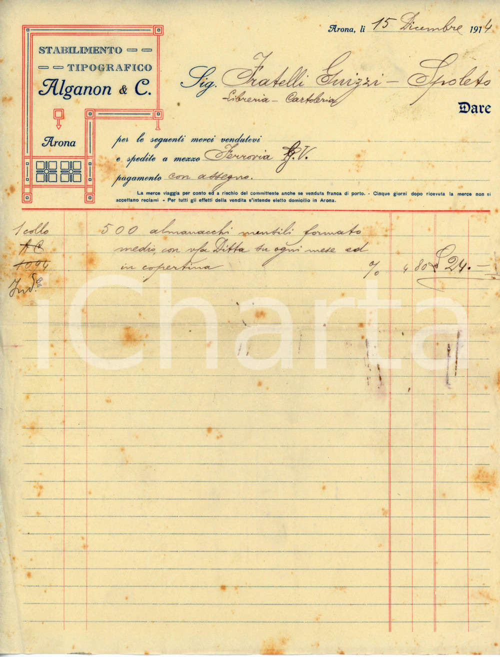 Documento originale, autentico 1914 ARONA Stabilimento Tipografico ALGANON & C. Fattura per almanacchi mensili 1