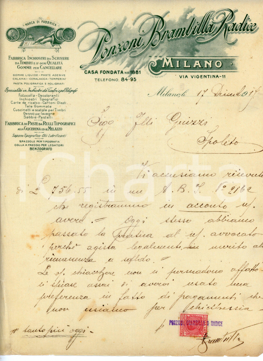 1917 MILANO Ditta PONZONI BRAMBILLA RADICE Inchiostri *Lettera commerciale 1 Lettera commerciale d'epoca. CONDIZIONI:POOR/danneggiato Piegature centrali d'epoca, bruniture, piegature e strappi ai marginiFORMATO: 21x28 cm originale e autentica 1