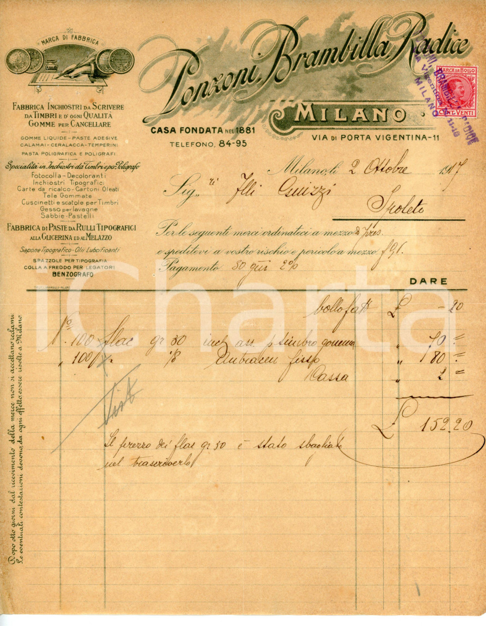 Documento originale, autentico 1917 MILANO Ditta PONZONI BRAMBILLA RADICE Inchiostri  Fattura 22x27 cm 1