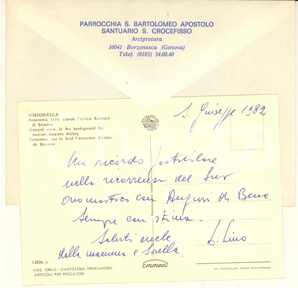 Autografo originale 1982 BORZONASCA Don Lino GAVAZZOTTI  Cartolina auguri onomastico  AUTOGRAFO 1