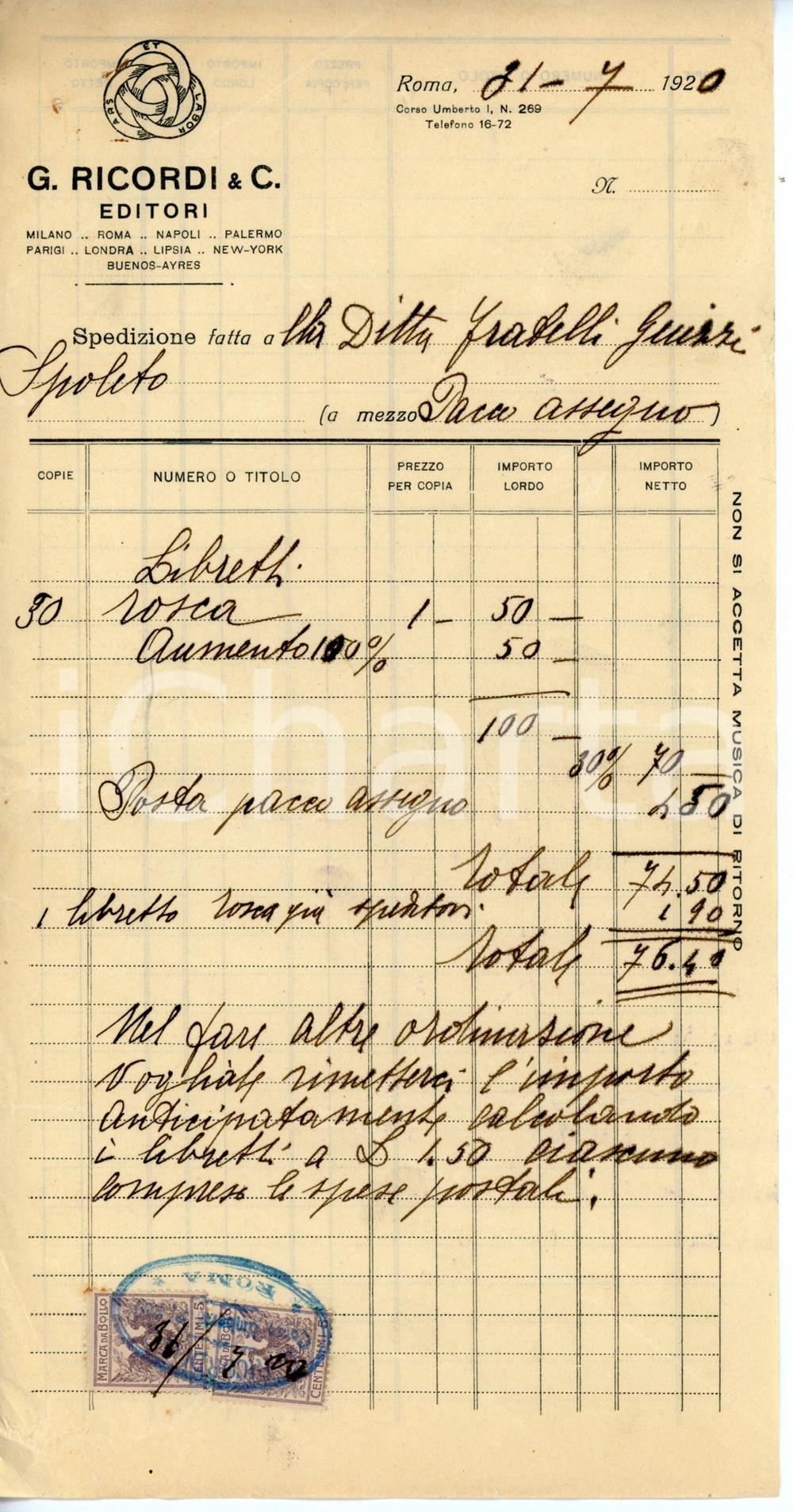 Documento originale, autentico 1920 ROMA Editori G. RICORDI Fattura per libretti d opera 15x29 cm 1
