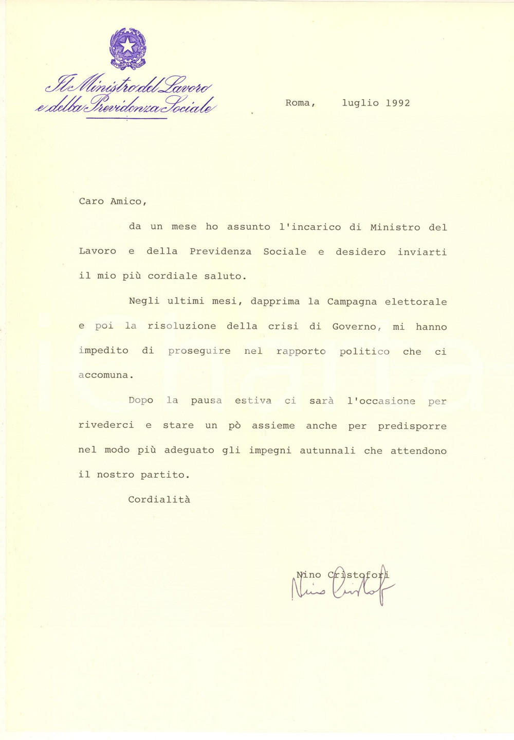 Autografo originale 1992 ROMA Lettera Nino CRISTOFORI neoministro del Lavoro Autografo 1