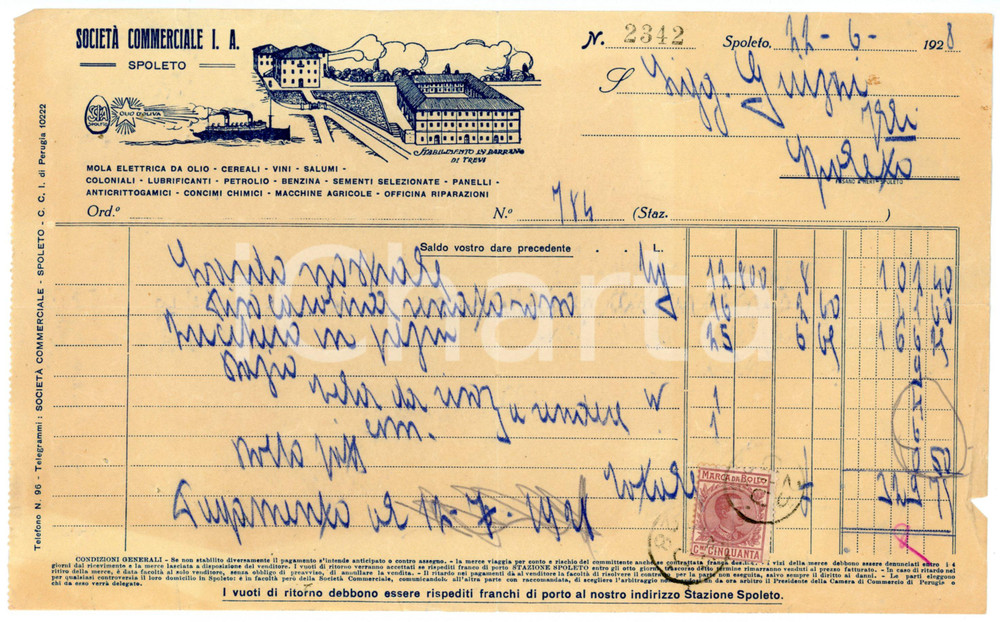 1928 SPOLETO Società Commerciale I.A. Zucchero in pezzi SCIA Fattura (1) Documento d'epoca. CONDIZIONI:FAIR/discreto Piegature centrali d'epoca, bruniture, strappi al margine destro, piegature ai marginiFORMATO: 24x15 cm originale e autentica 1