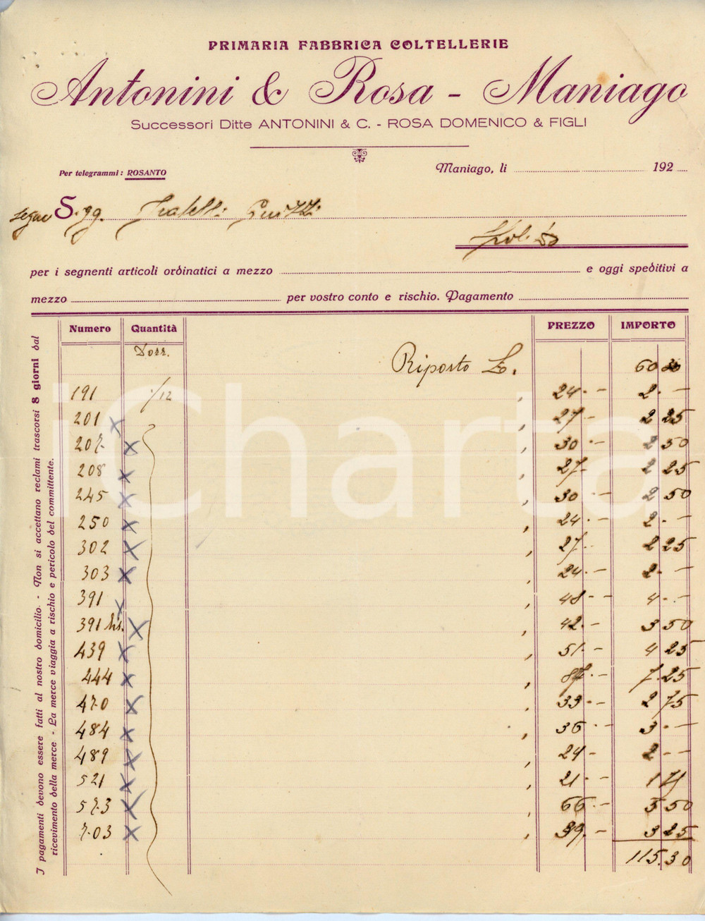 Documento originale, autentico 1920 ca MANIAGO Primaria fabbrica coltellerie ANTONINI E ROSA Fattura 1