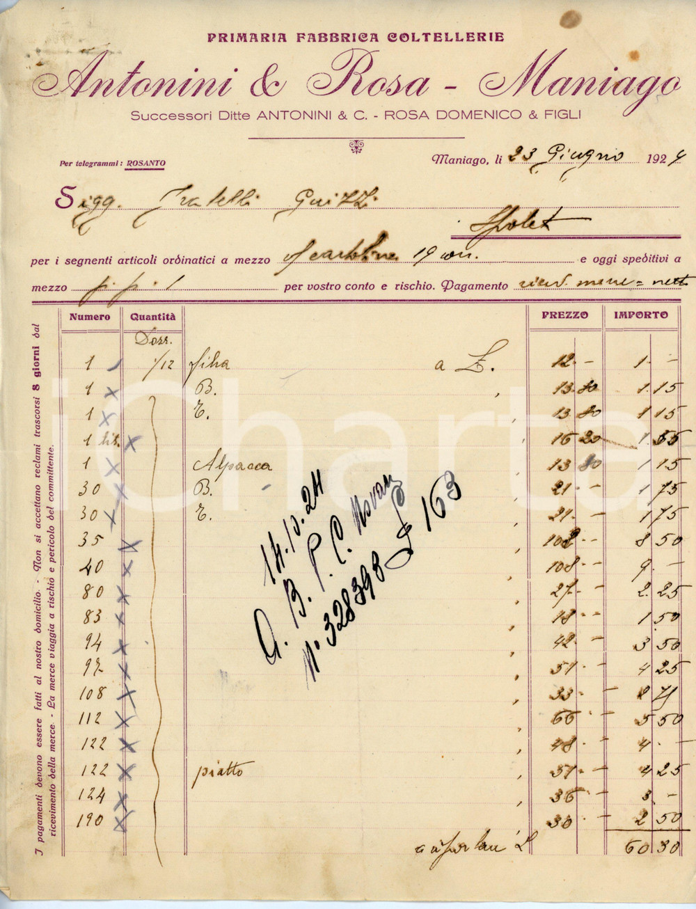 Documento originale, autentico 1920 ca MANIAGO Primaria fabbrica coltellerie ANTONINI E ROSA Fattura 1 1