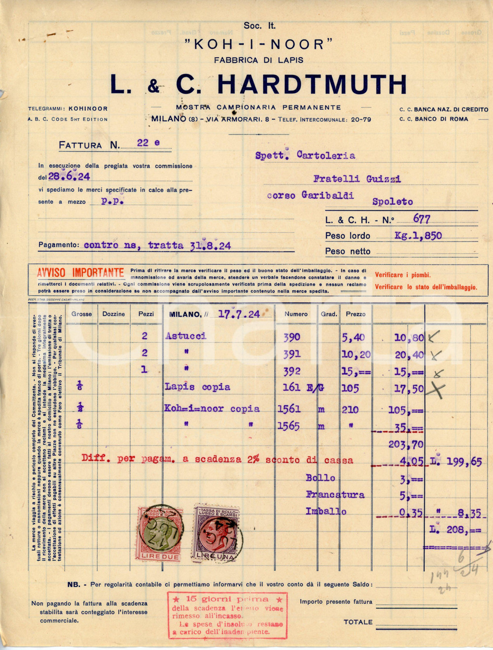 Documento originale, autentico 1924 MILANO Fabbrica lapis KOHINOOR L. e C. Hardtmuth  Fattura 22x28 cm 1