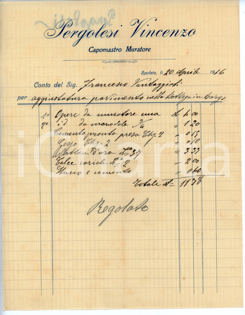 Documento originale, autentico 1916 SPOLETO Vincenzo PERGOLESI Capomastro muratore  Fattura 1 1