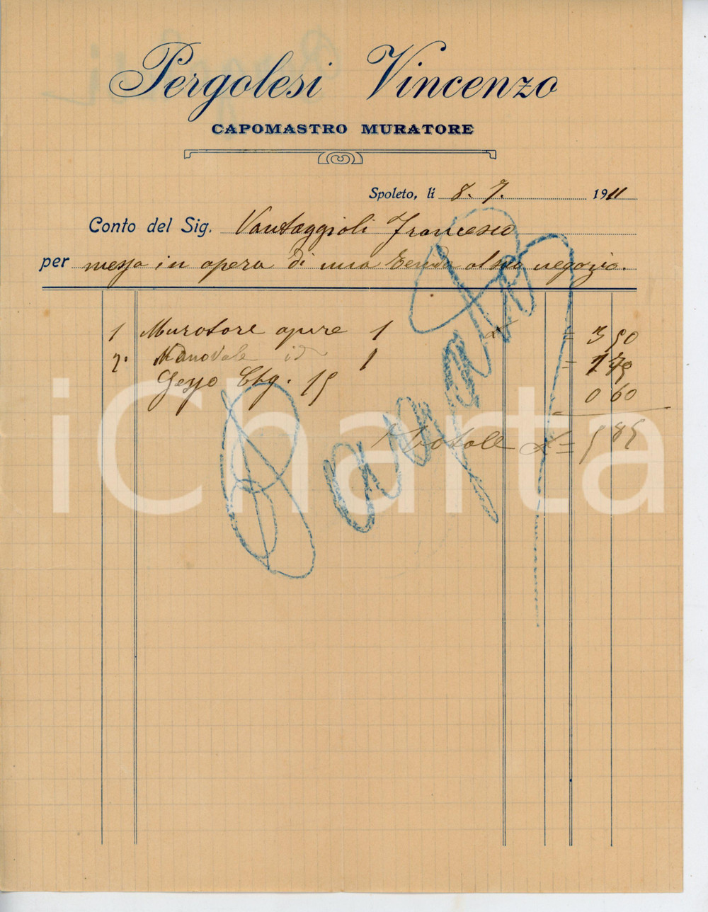 Documento originale, autentico 1916 SPOLETO Vincenzo PERGOLESI Capomastro muratore  Fattura 2 1