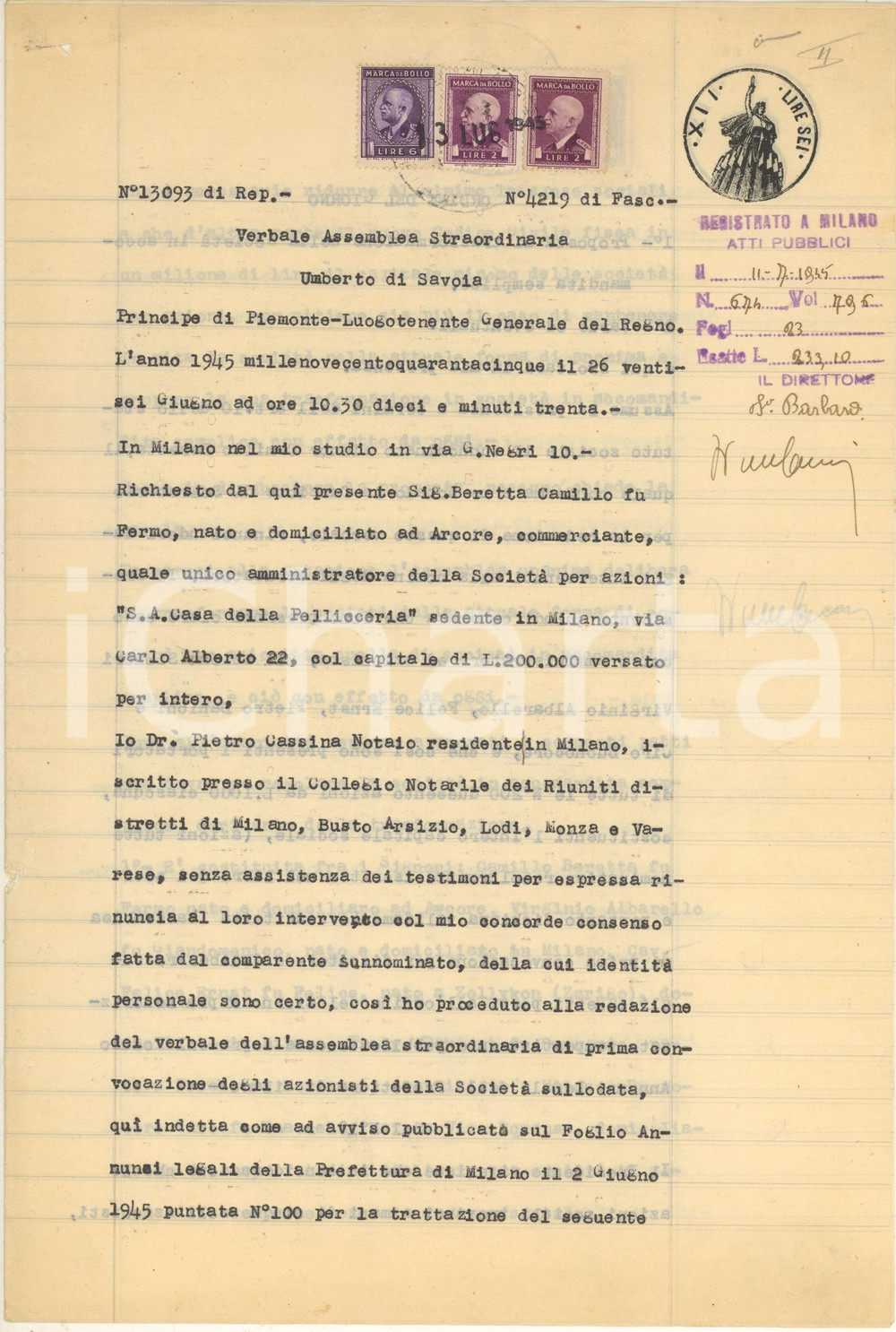 Documento originale, autentico 1945 MILANO Verbale Assemblea Straordinaria  Società Casa della Pellicceria 1