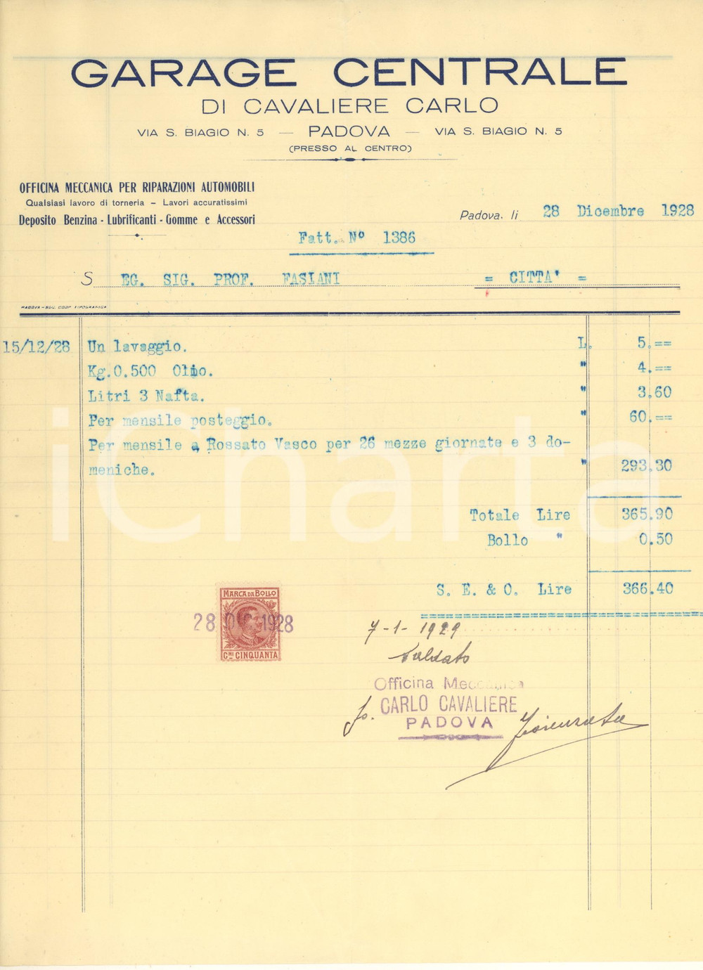 Documento originale, autentico 1928 PADOVA via S. Biagio 5  Garage CENTRALE di CAVALIERE Carlo Fattura 1
