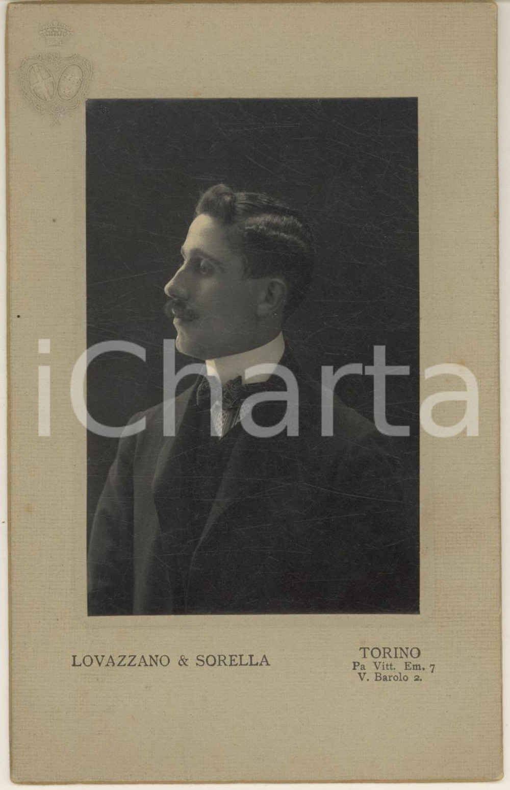 1910 ca TORINO Ritratto maschile di profilo - Foto LOVAZZANO 10x16 cm  Fotografia d'epoca, su cartoncino rigido.FOTOGRAFO: Lovazzano & Sorella - Torino CONDIZIONI:GOOD/buonoFORMATO: 10x16 cm originale e autentica 1