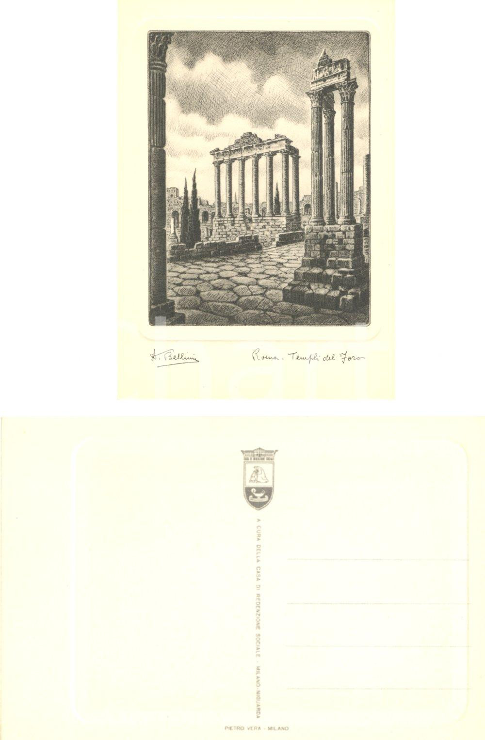 Cartolina originale da collezione 1955 ca ROMA Templi del foro  Inc. BELLINI Casa redenzione NIGUARDA 1