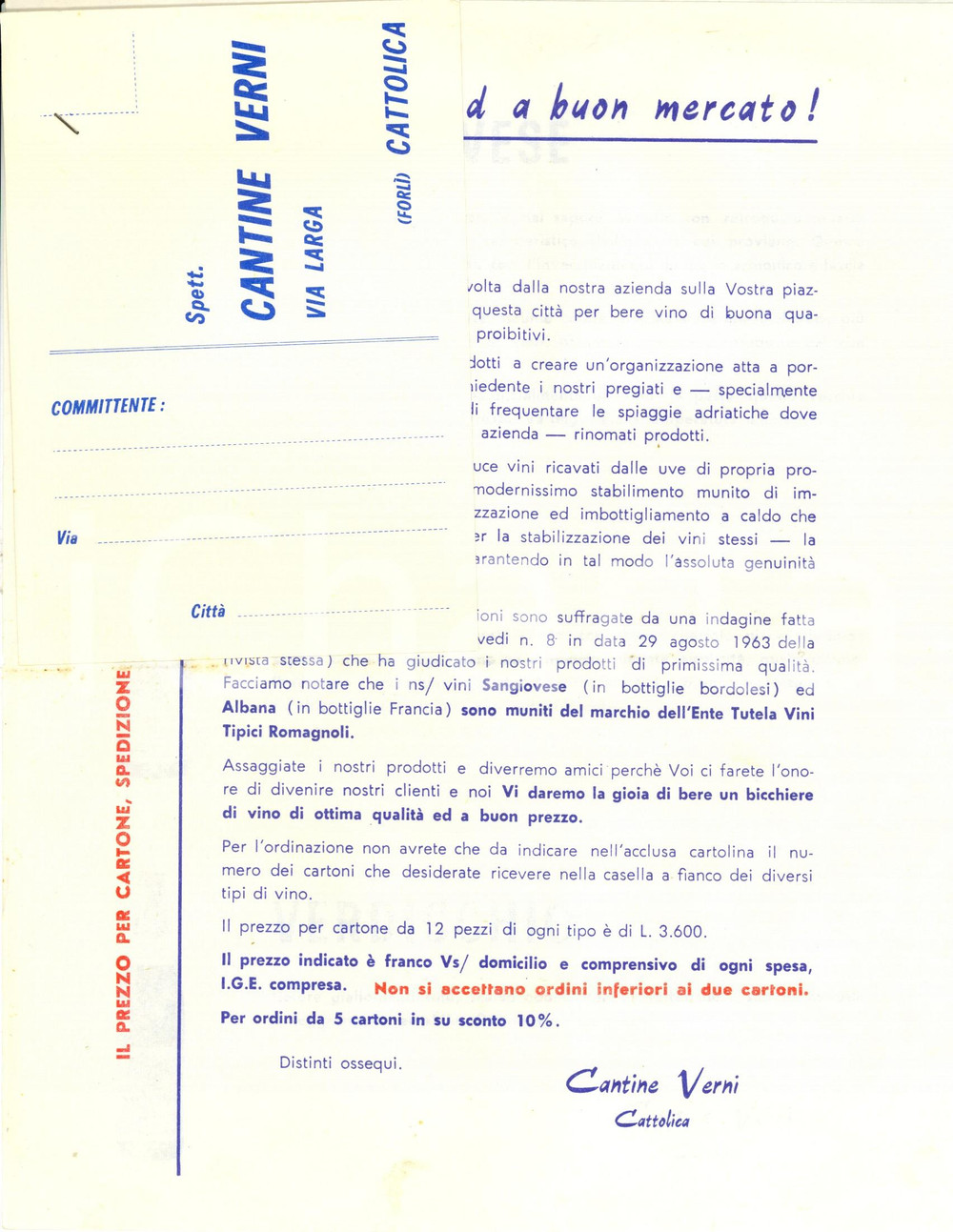 Materiale pubblicitario d’epoca 1960 ca CATTOLICA RN Cantine VERNI Pubblicità SANGIOVESE, ALBANA, VERDICCHIO 1