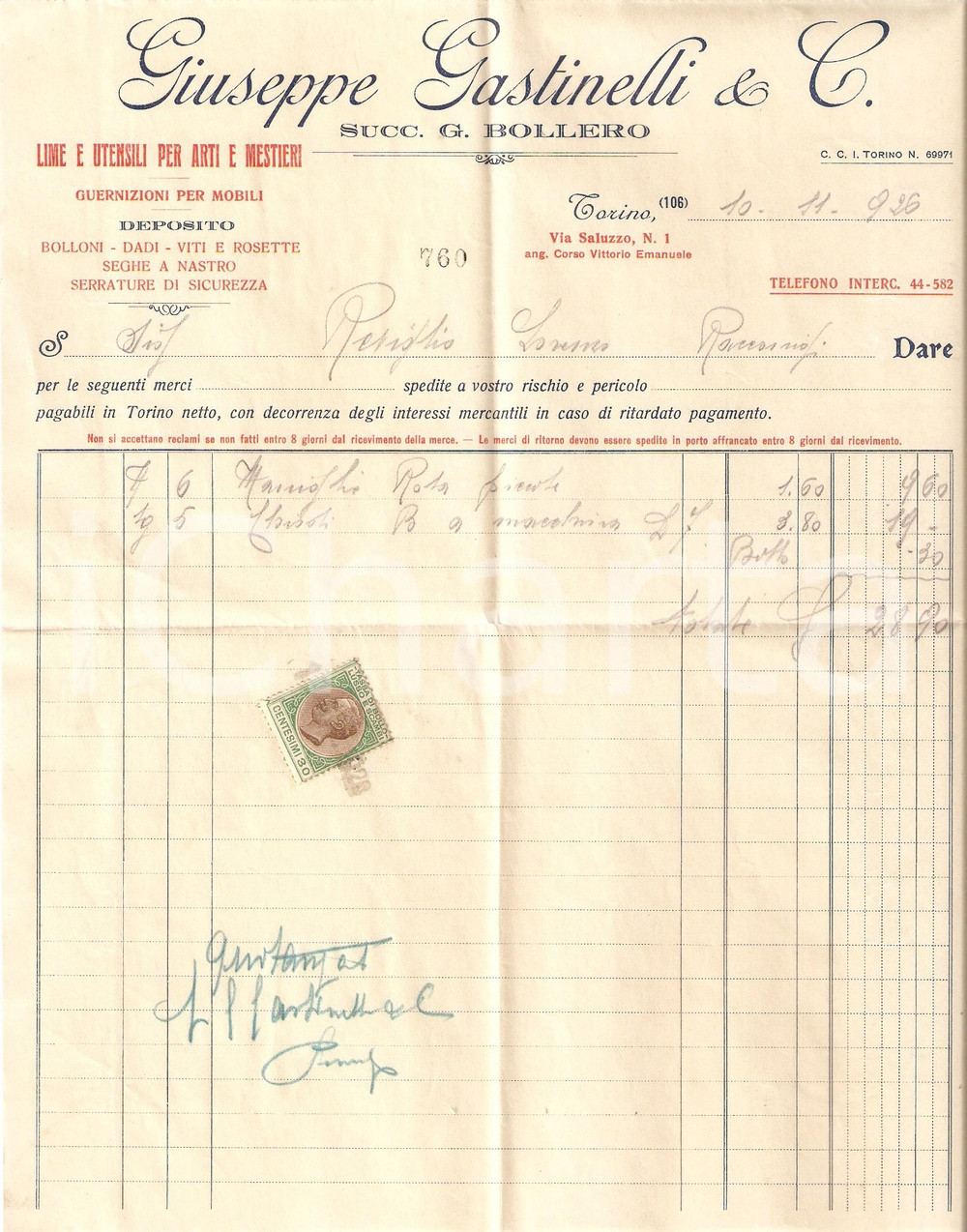 Documento originale, autentico 1926 TORINO Giuseppe GASTINELLI lime utensili arti mestieri Fattura commerciale 1