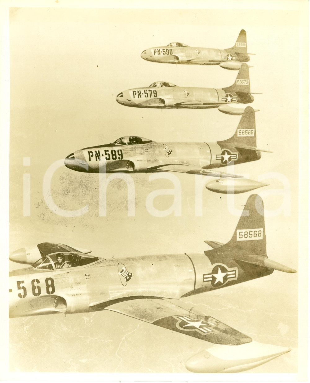 Fotografia d epoca originale 1950 ca U.S.A.F. 94th Fighter Squadron HAT IN THE RING Stormo aerei caccia FOTO 1