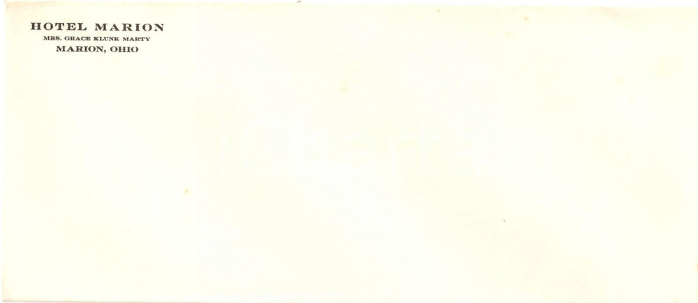Materiale pubblicitario d’epoca 1950 ca OHIO USA Hotel MARION di Mrs. Grace KLUNK MARTY Busta intestata 1